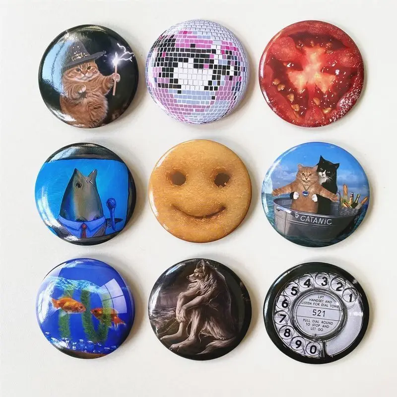 Funny Meme Button Pins Set, Cute Cat Food Wolf Disco Ball Round Badges, Aesthetic Backpack Lapel Pins