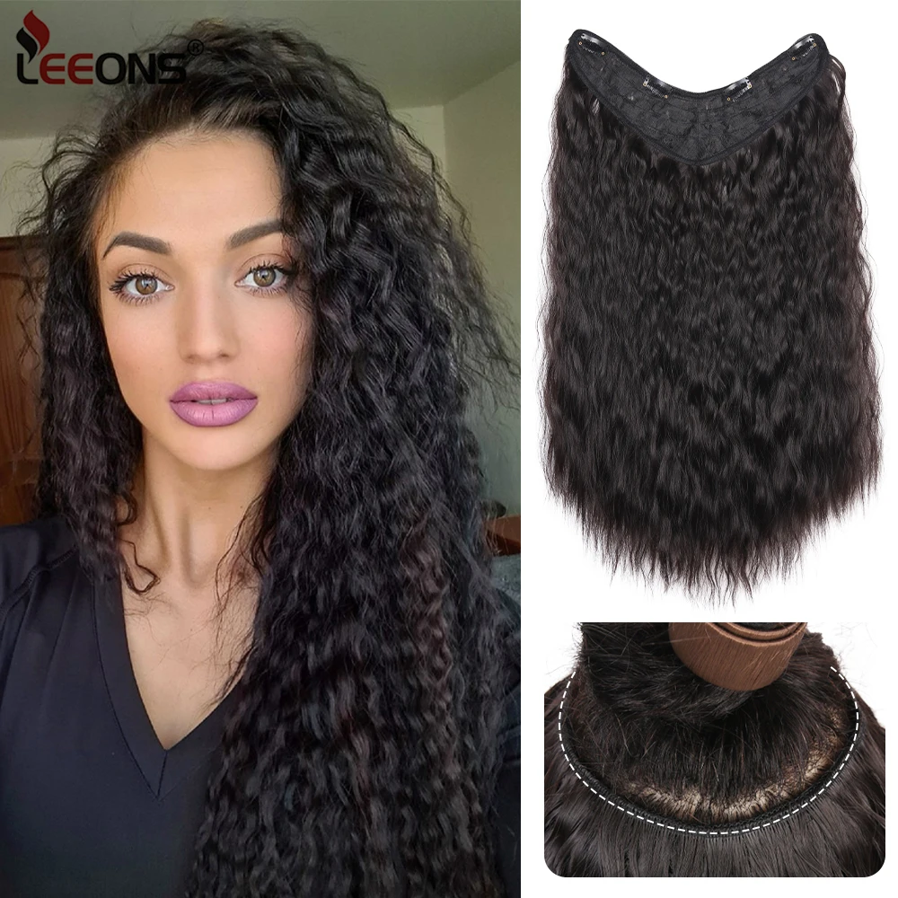 Hair Extensions Clip Ins 22 Inch Synthetic Kinky Curly U-Shaped Half Head Wig For Women Black Brown 4 Clips In Hair Extension