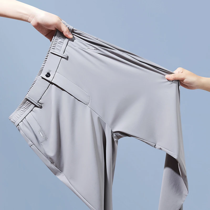 

Elastic Men's Casual Trousers Summer Ultra-thin Ice Silk Slim Straight Business Pants Quick-drying Sweatpants Black Gray