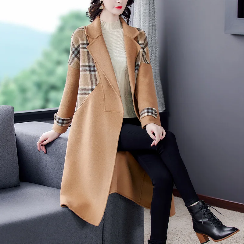 

Long 2023 Coat Women's Handmade Wool Double-Sided Woolen Winter New Temperament Plaid Long-Sleeved Windbreaker