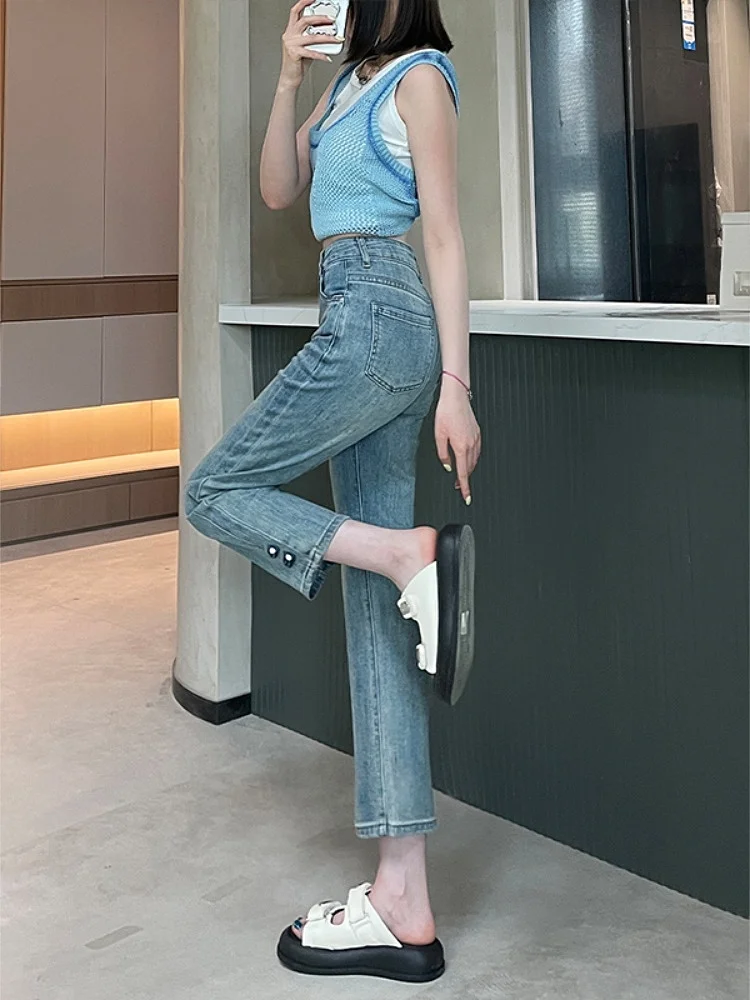 High Waist Nine-Tenths Jeans Women's Summer Thin New Sle Small Size Slimming Chinese Sle Button Straight Leg Trendy
