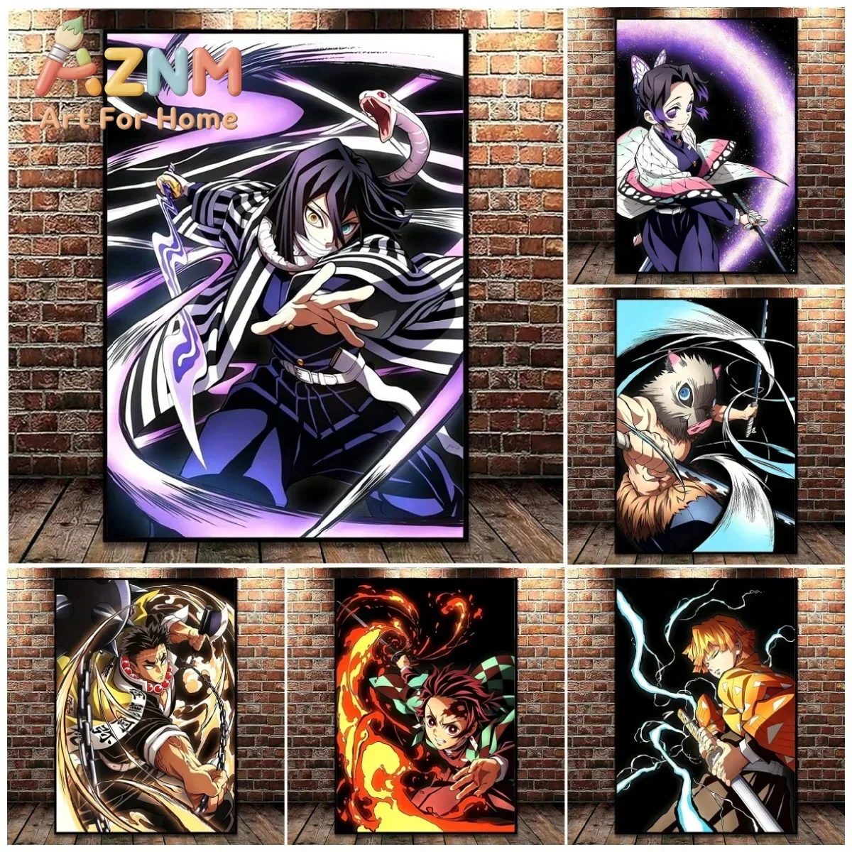 AZNM Demon Slayer Hashira Fighting Scene Anime Canvas Wall Art Frameless Print Poster for Home Bedroom Living Room Wall Decor