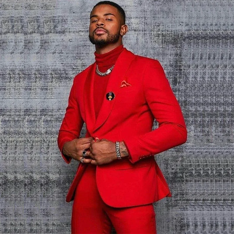 Elegant Red Men's Suits for Wedding Single Breasted Shawl Lapel Slim Fit Male Clothing High Quality 2 Piece Jacket Pants Outfits