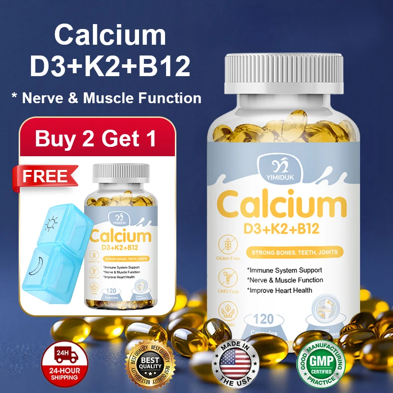 

YIMIDUK Premium Calcium D3 K2 B12 Capsules, Supports Bones & Teeth, Calcium Absorption, Nerve Health, Muscle Function & Vitality