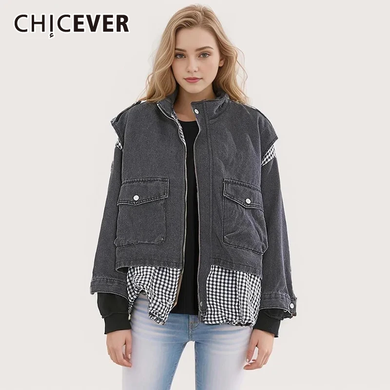 

CHICEVER Patchwork Plaid Denim Coat For Women Stand Collar Long Sleeve Spliced Pocket Streetwear Colorblock Loose Jacket Female