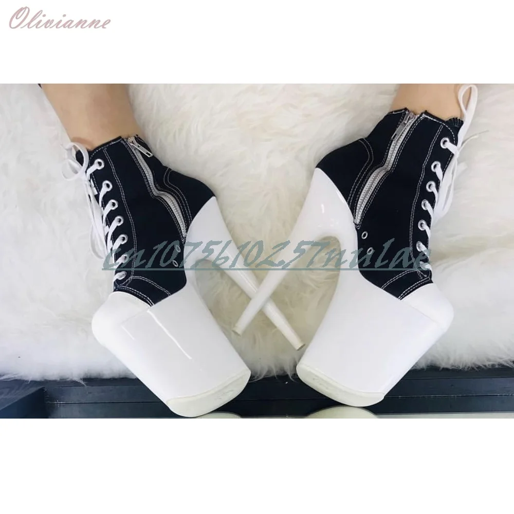 Black White Canvas Platform Ankle Boots Lace-up Zipper 20cm Stiletto Heels for Pole Dance Clubwear 2026 Hot Girls Performance