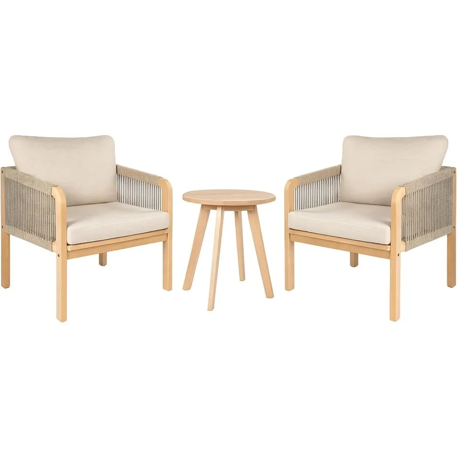 

3 Piece Modern Bohemian Roped Corner Acacia Wood Conversation Outdoor Patio Set with Cushions in Beige Light Teak for Use