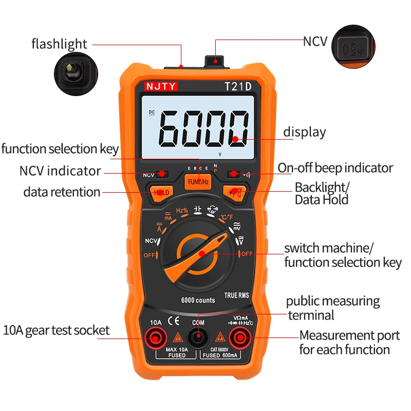 NJTY Digital Multimeter T21A T21B T21C T21D T21E 6000 Counts AC/DC A V Auto Range T-RMS NCV Handheld Multimetro Voltmeter Tester