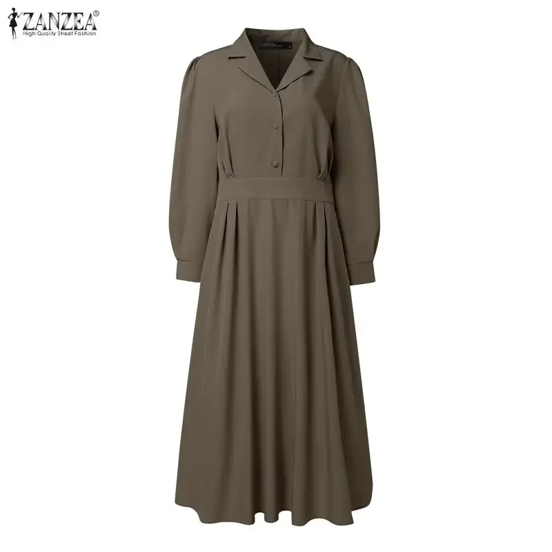 

Женское элегантное офисное платье ZANZEA с длинным рукавом, однотонное, миди, весна 2026, с отложным воротником и пуговицами, повседневное, уличный стиль, сарафан