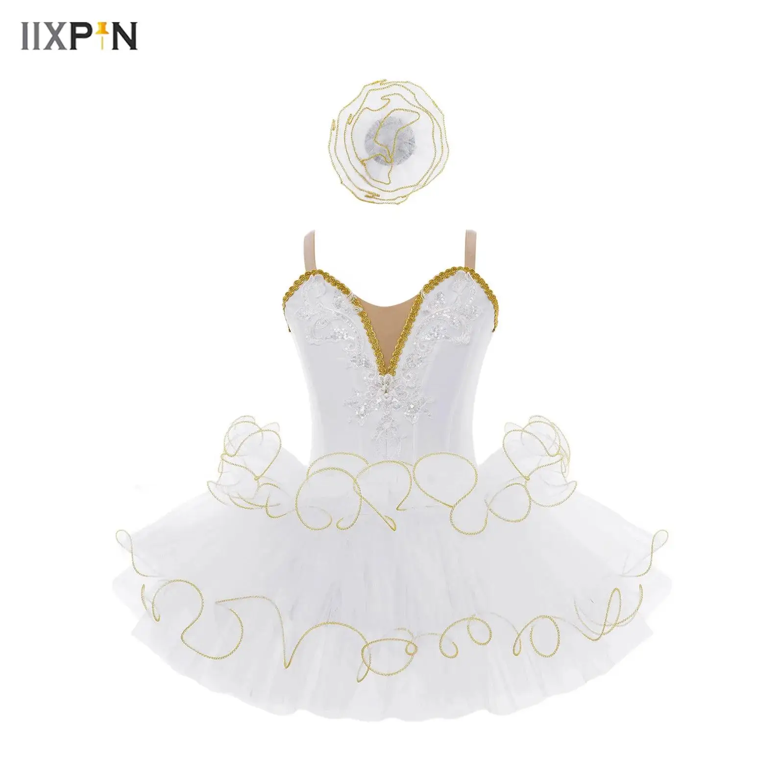 

Kids Girls Ballet Tutu Dress Dance Performance Costume Adjustable Shoulder Straps Embroidery Bodice Layered Dress+Headwear Set