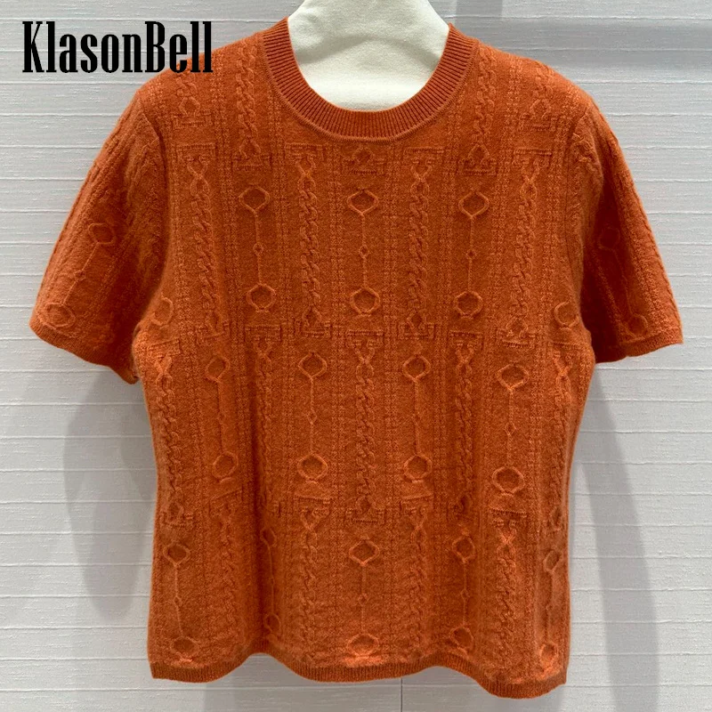 

7.23 KlasonBell Female Solid Twist Flower Jacquard Jumpers Women Classic O-Neck Short Sleeve Cashmere Knitwear