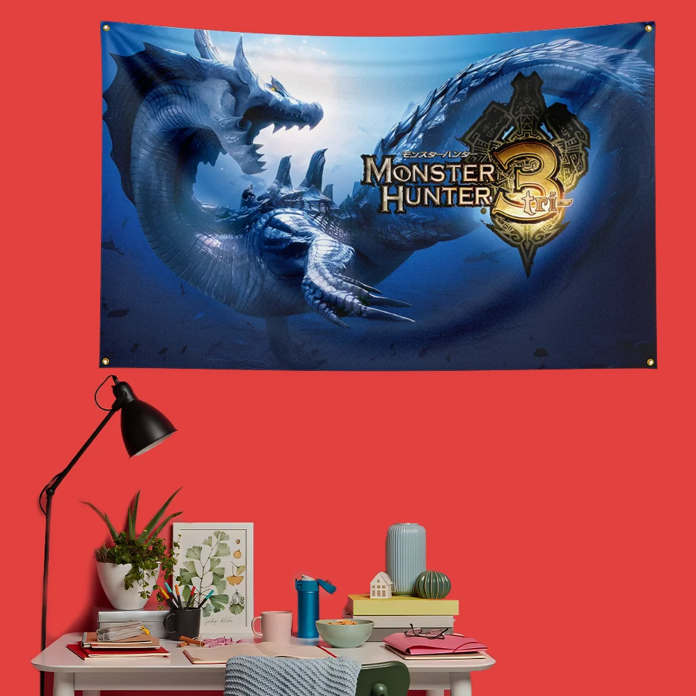MONSTER HUNTER Inspired Flag 3x5 FT HD Printing Vivid Color Game Banner For Gaming Room Man Cave Bedroom Wall Decor Fans Gift