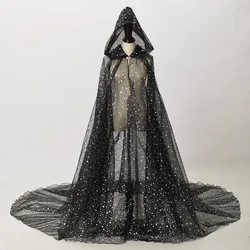 Vintage Wedding Party Sash Cape Long Tail Medieval Fairy Black green Shawl Gothic Wicca Robe Shinny Halloween Witch Cloak Hoode