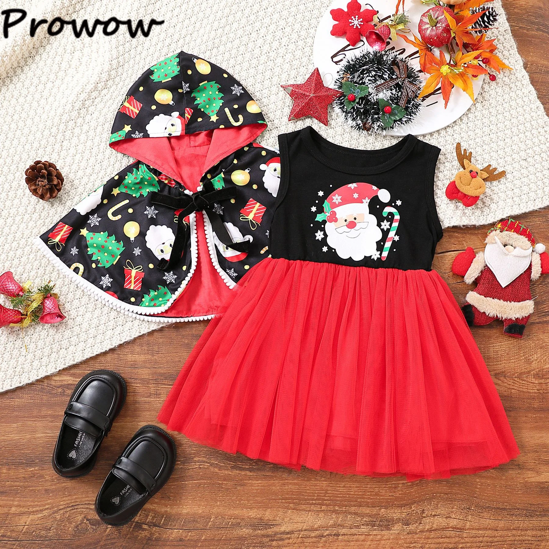 

Girl's Christmas Dresses With Coat 2pcs Cloak and Princess Santa Dress For Girls Party New Year Costume For Children