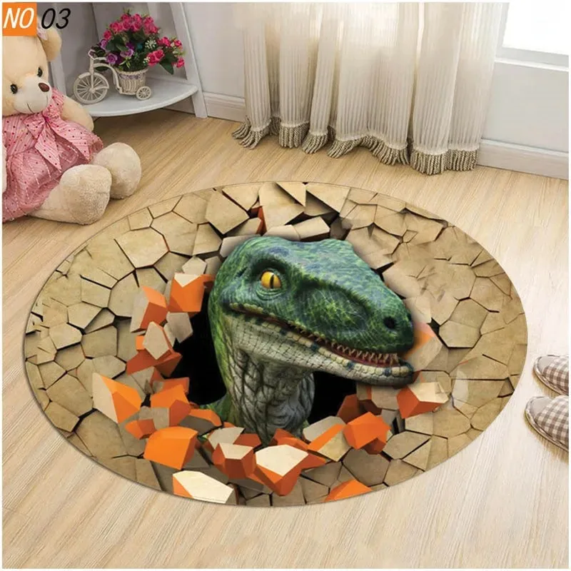 Living Room Carpet Children Cartoon Dinosaur 3D Round Mats For Coffee Table Home Kids Floor Rug Covering Anti-Slip Tapis Salon