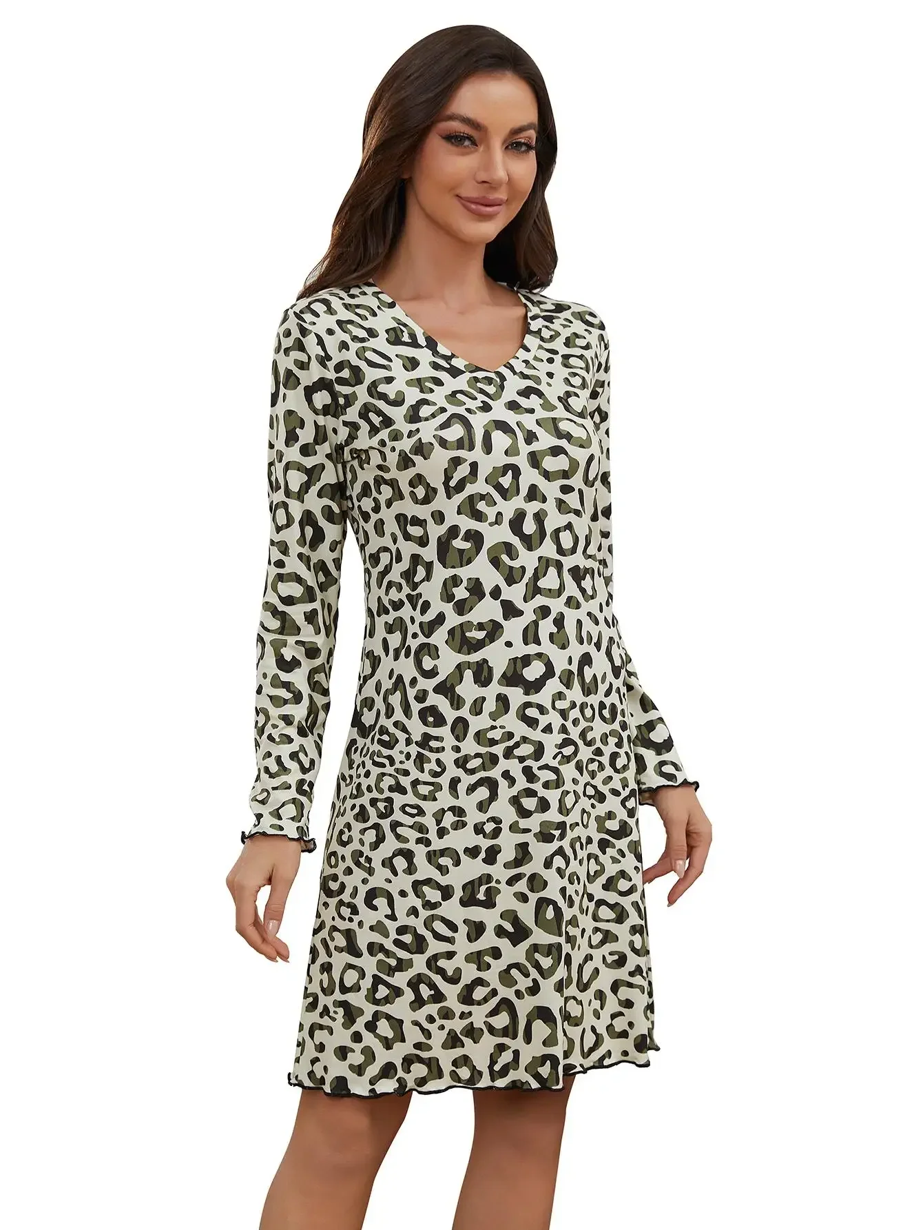 V Neck Ruffle Trim Women Nightgown Long Sleeves Leopard Print Pajama Dress Female Sleepwear Spring Fall Nightwear Homewear