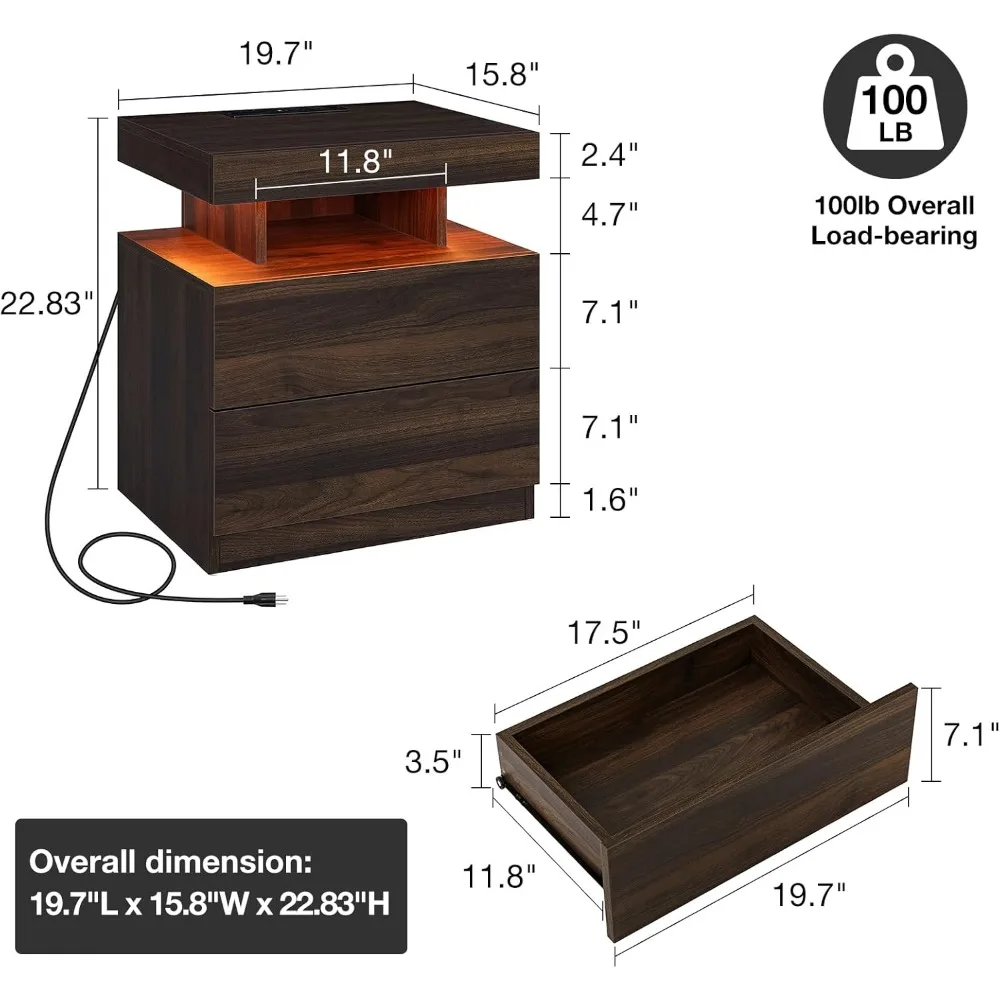 HOMMPA Set of 2 LED Nightstand with Wireless Charging Station Dark Walnut Mid Century Wood Bedside Table with Led Light Smart