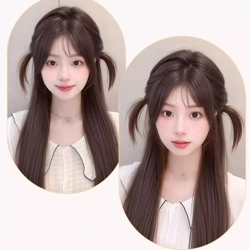 وصلات شعر صناعية مضفرة على شكل ذيل حصان مع دبوس شعر مستقيم ملفوف حول وصلات شعر ذيل حصان طبيعي ناعم