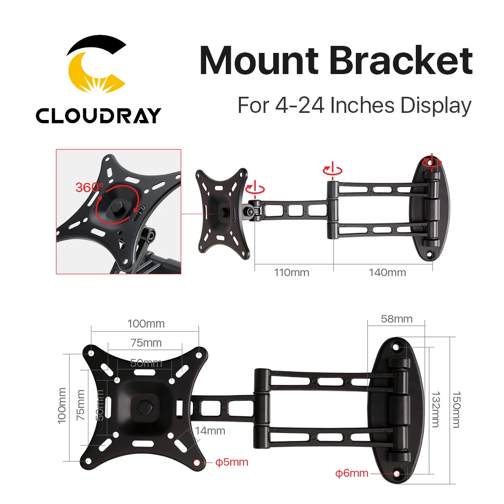 Cloudray Black & Silver TV Disply Mount Bracket 160*160mm for DIY Fiber Marking Machine 4-24 Inches Display Computer