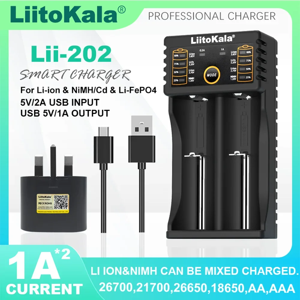 Liitokala Lii-402 Lii-202 21700 18650 Lithium Ni-mh Battery Smart Charger 1.2V 3.7V 3.2V 3.85V 18350 26650 18490 AA AAA 14500