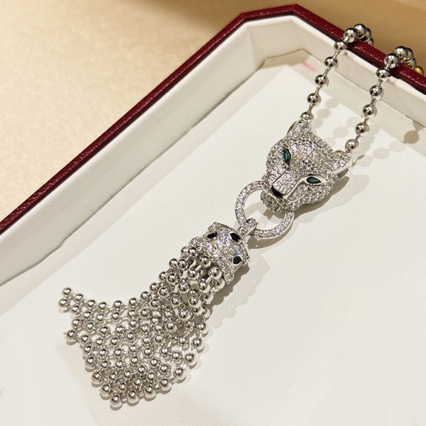 Luxury Designer Real 925 Sterling Silver Necklace Tassels Leopard Pendant Green Eyes Women High Quality Brand Jewelry