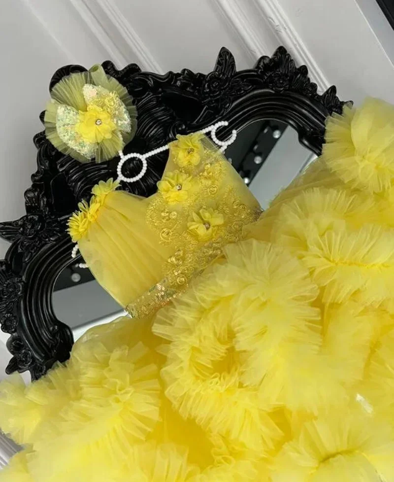 Custom Cute Yellow Flower Girl Dress For Wedding Sleeveless Appliques Beading Tulle Tiered Birthday Prom Banquet Pageant Gown