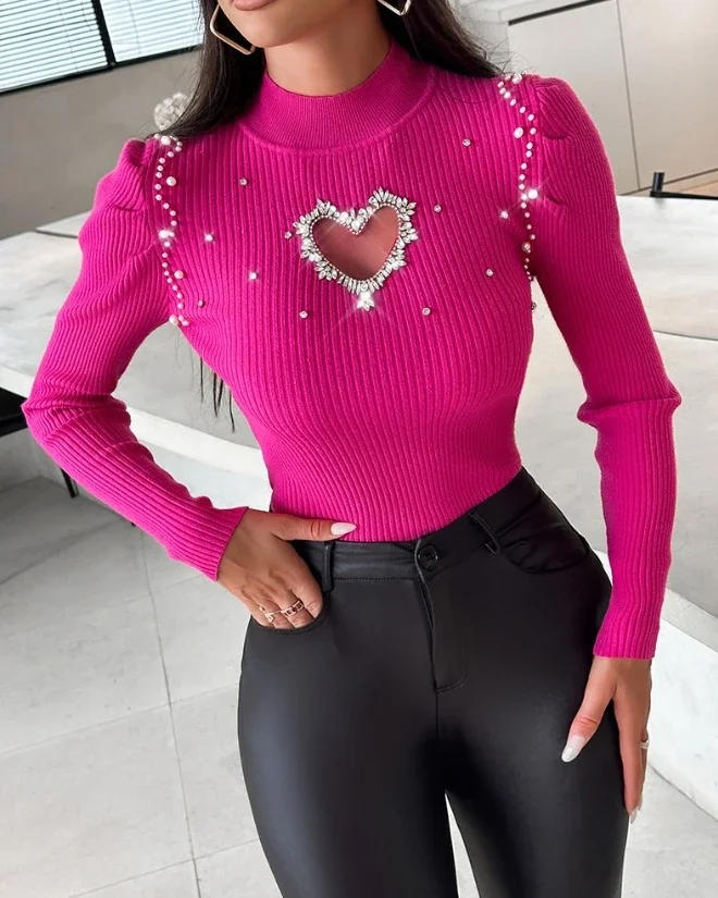 Tops for Women Winter Blouse Casual Solid Color Rhinestone Hollow Heart Knit Long Sleeve Pullover Skinny Sweater for Women