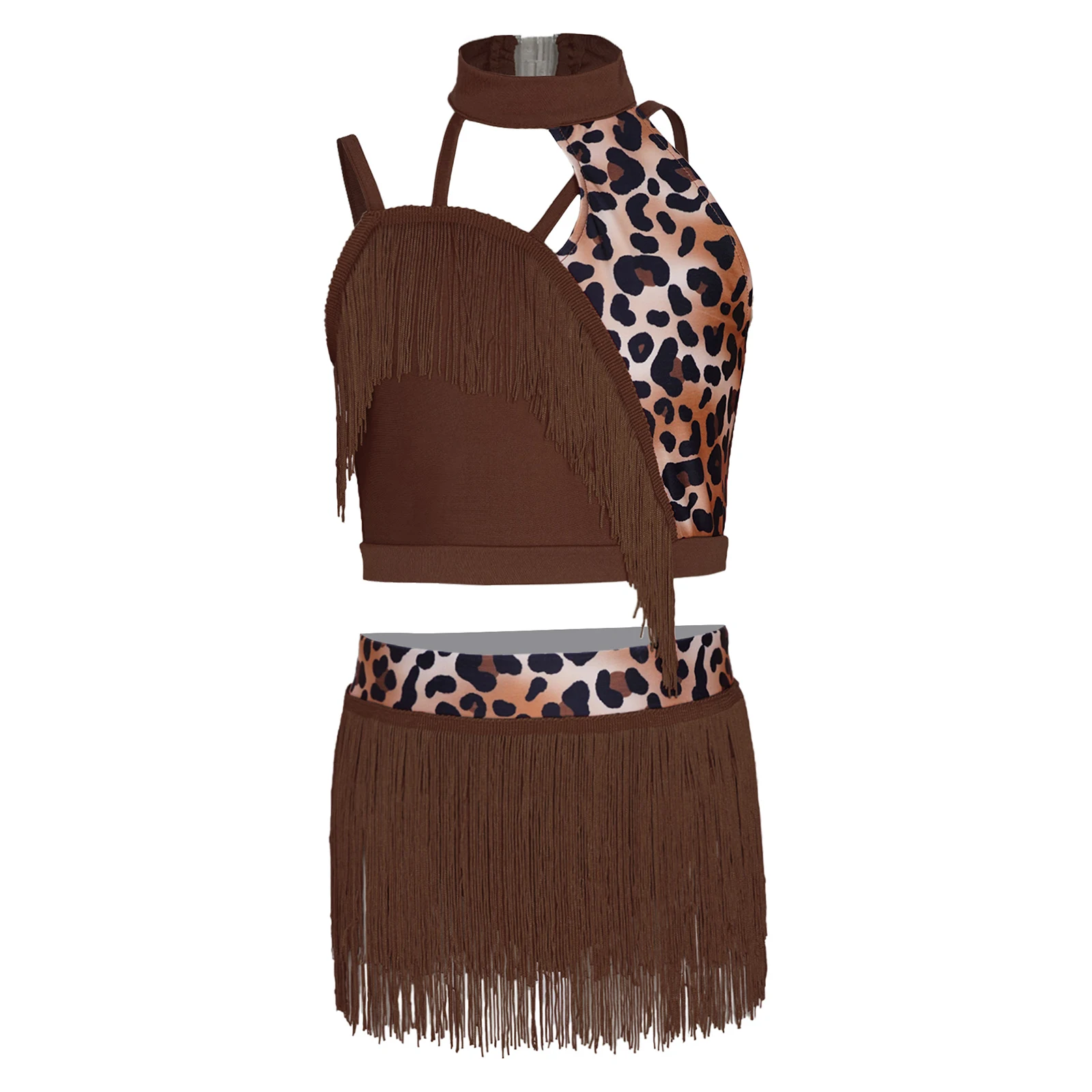 Kids Girls Latin Dance Outfits Cutout Printed Tassel Crop Top Vest with Fringed Skirt for Tango Cha-cha Salsa Samba Performance