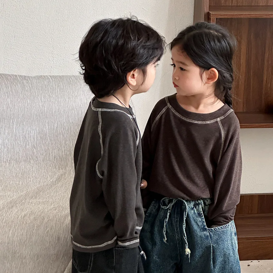  تي شيرت خريف 2025 للأطفال برقبة دائرية تي شيرت بقصة ضيقة مع خياطة للأطفال الأولاد والبنات من سن 1 إلى 8 سنوات تي شيرت بأكمام طويلة #4