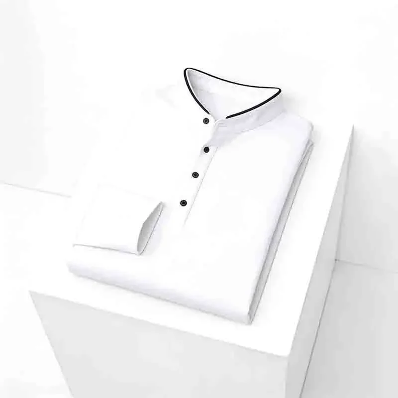 2026 New Men's Breathable Navy Blue Mandarin Collar Long Sleeve Polo Shirt Half Placket Casual Top
