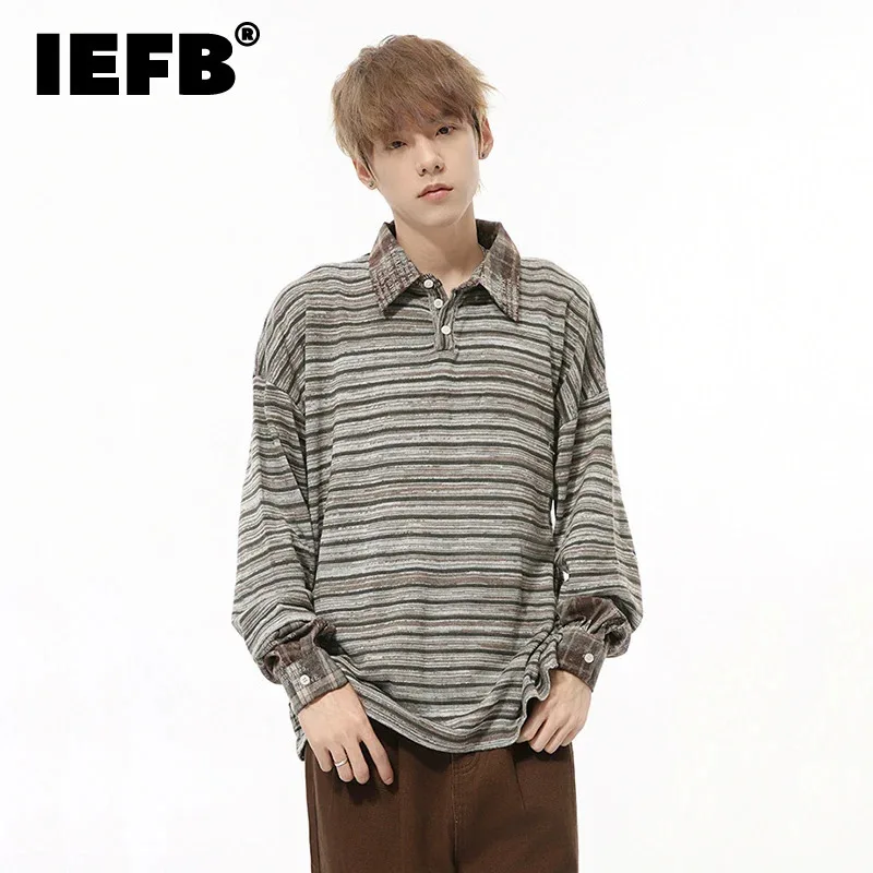 IEFB Korean Style Men's Fake Two-piece Patchwork Striped Turn-down Collar Casual Tops Vintage Long Sleeved Male Tees Chic 9C8311