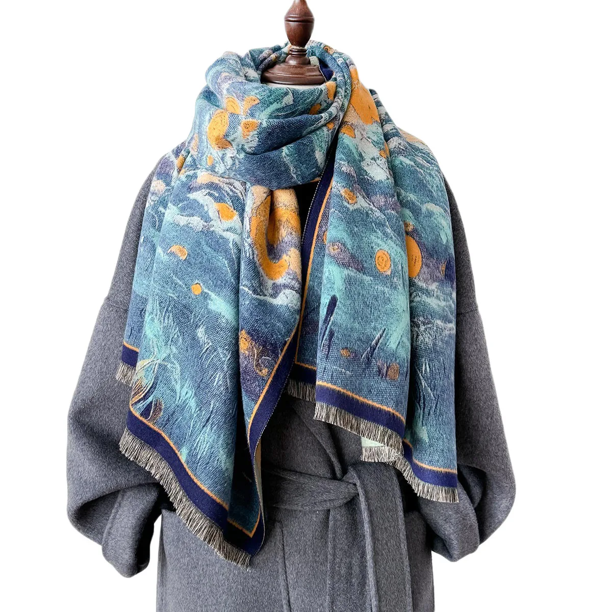 2024 Color Vintage Print Thick Imitation Cashmere Scarf Women Men Winter Warm Scarves Travel Shawl Bufanda Echarpe Blanket Wraps