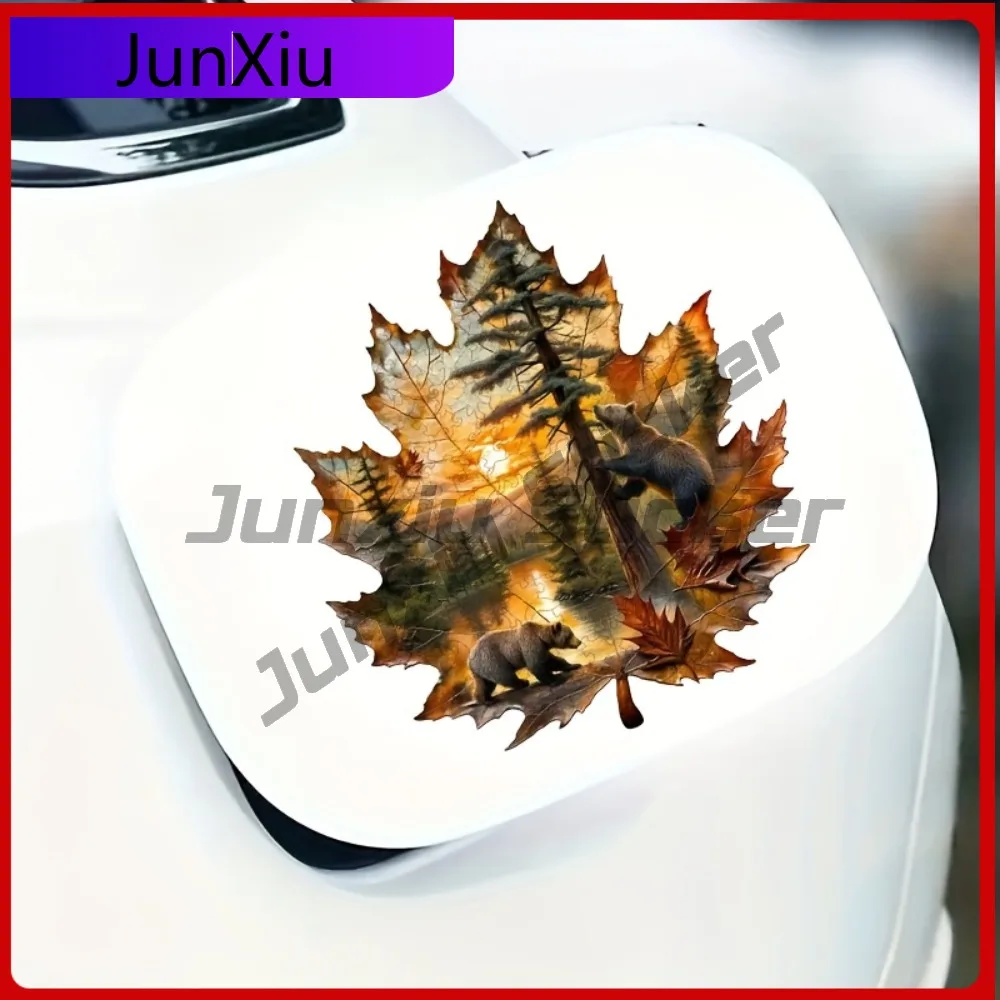 

2D Large Maple Leaf And Brown Bear Stickers a Beautiful Autumn Forest Scene with Sunset Colors Made of Dura Vintage Bum Car L
