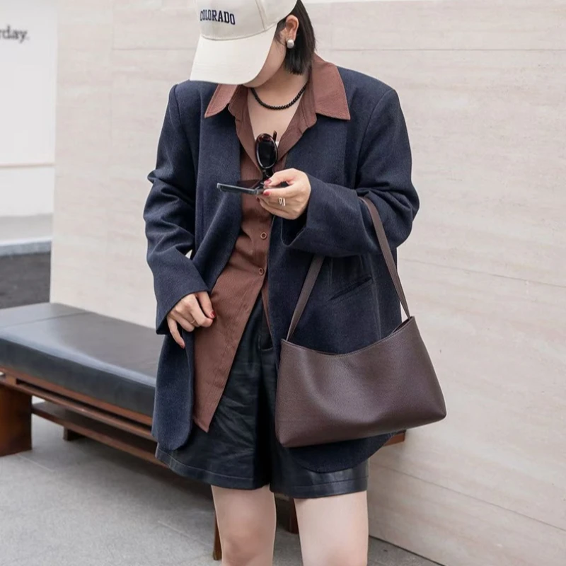 Minimalist Work Shoulder Bag for Women Genuine Leather Large Capacity Adjustable Strap Luxury Handbag Portable Tote