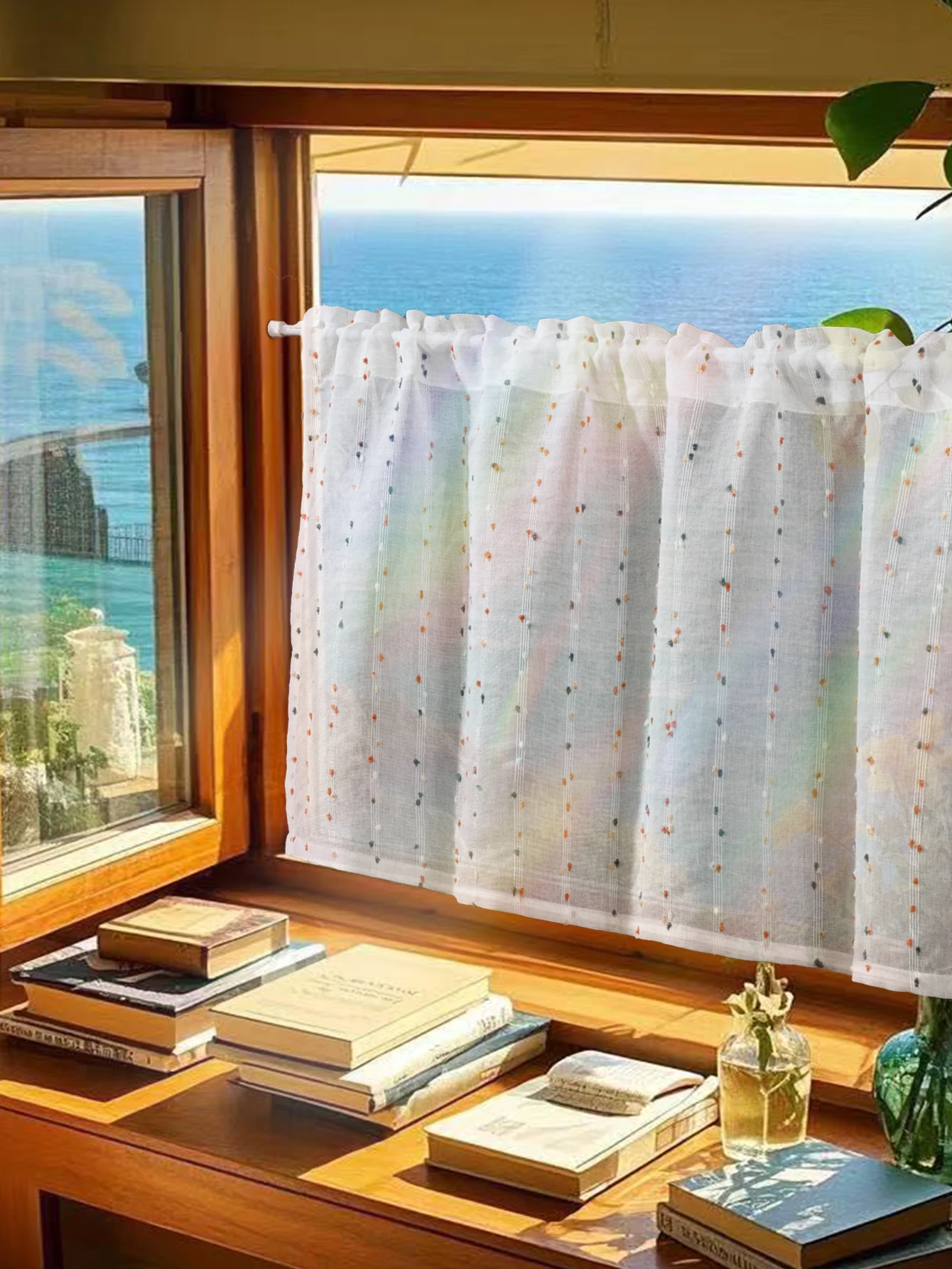 Frischer Streifen-Regenbogen-Bohnen-Tüll-Kurzvorhang für Küche, Wohnzimmer, Fenster, dekorative Behandlung, leichter Gaze-Vorhang