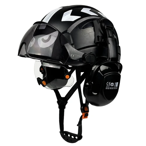 Casco de seguridad para construcción CE con gafas integradas, orejeras, pegatinas reflectantes, casco duro con visera, cascos ABS ventilados ajustables
