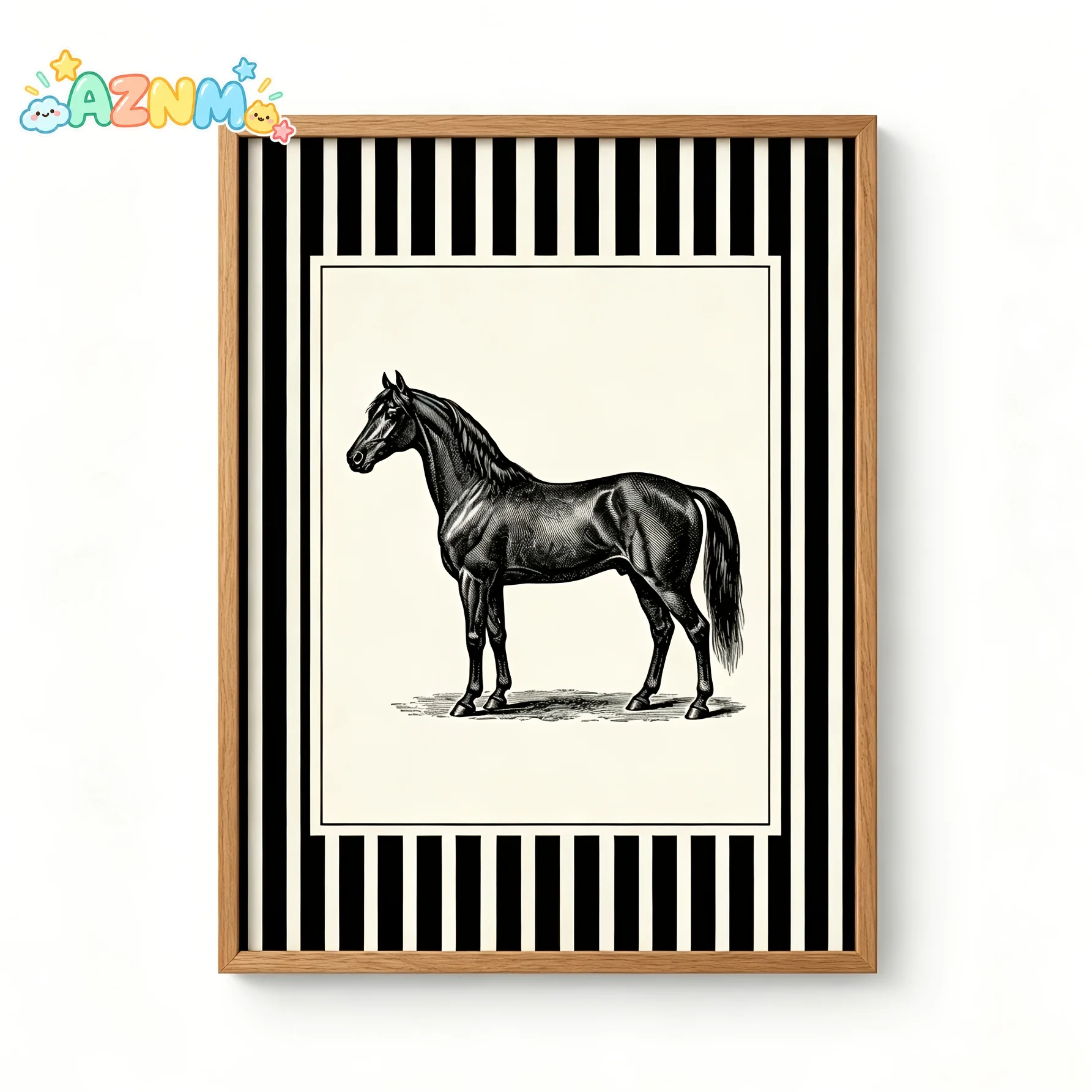2D Flat, 2D Flat, Posters And Prints Elegant Equestrian Art Print, Vintage Black Horse Engraving with Striped Border Wall Pos