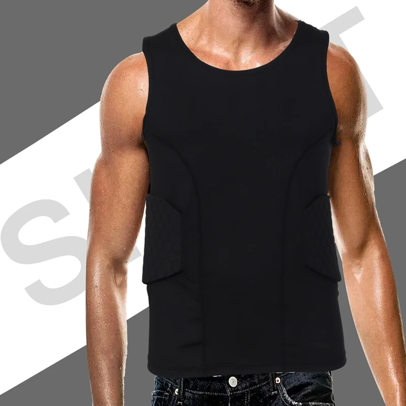 Men's Rib Protector Padded Vest Compression Shirt Training Vest with 3-Pad for Football Soccer Basketball-A14I