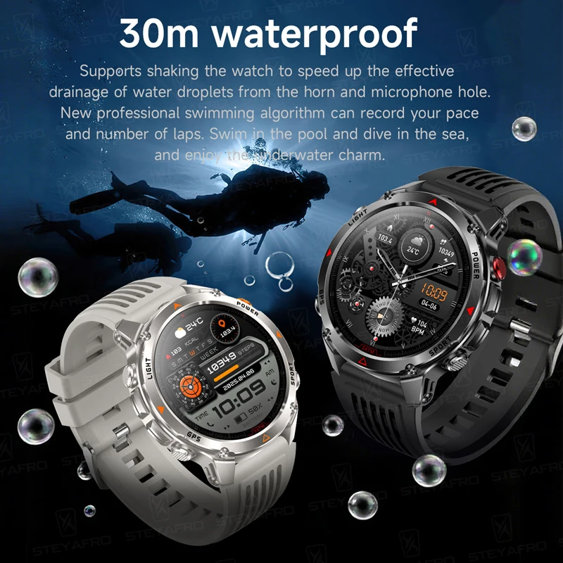 Militärische Outdoor-Sport GPS-Smartwatch-LED-Taschenlampe, 540-mAh-Akku, 3ATM wasserdichter Kompass, Bluetooth-Anruf für Android iOS