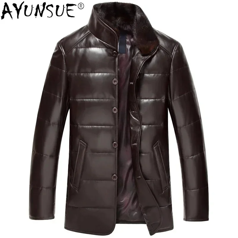 AYUNSUE 2025 Winter Genuine Sheepskin Leather Jacket Men Real Mink Fur Collar Down Jackets Black Warm Clothing Veste Homme Gmm32