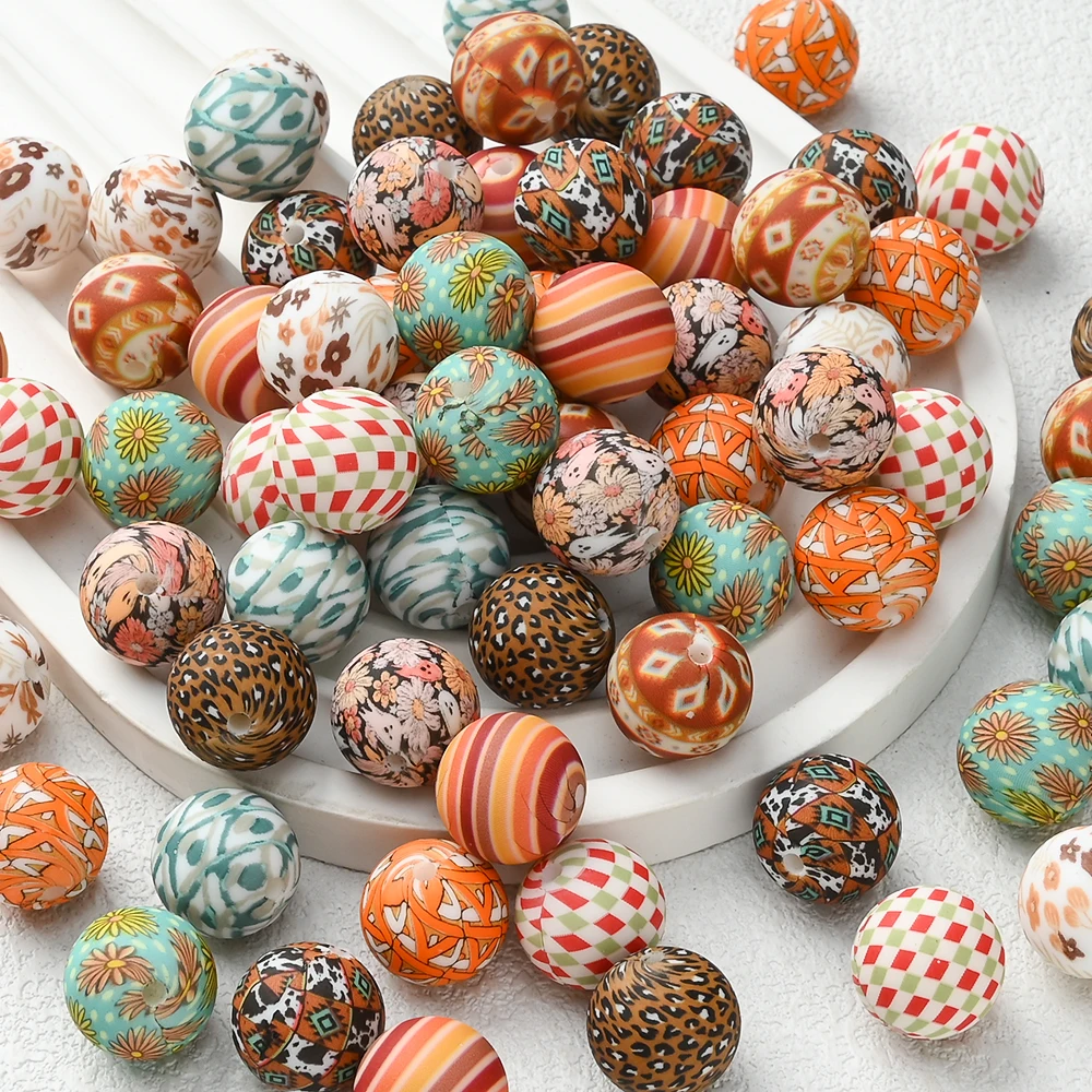 10pcs/set Silicone Printing Beads 15mm Round Loose Beads For DIY Handmade Pacifiers Clip Jewelry Making Bracelet
