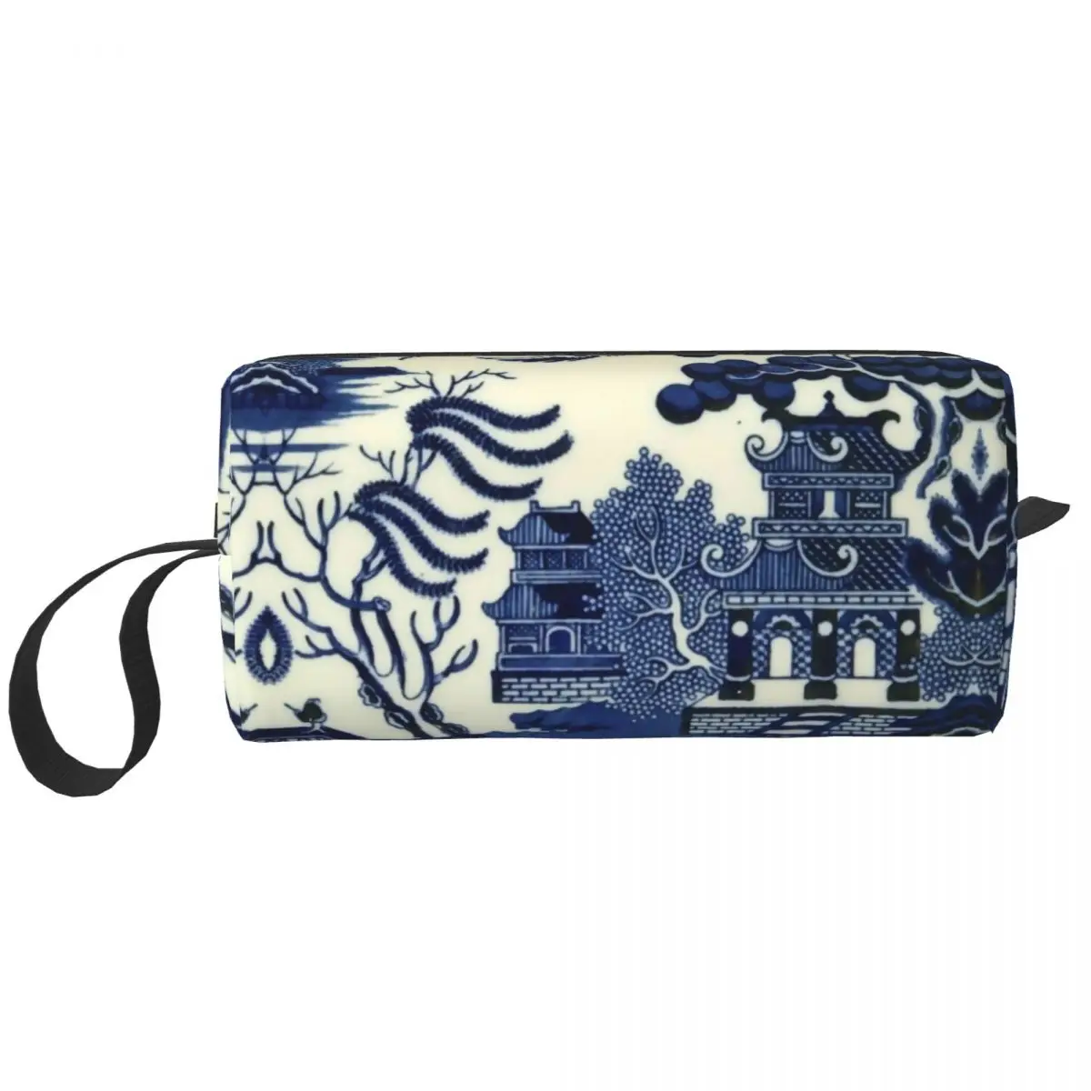 Antique Willow Ware Oriental Toile Makeup Bag Cosmetic Organizer Fashion Blue Delft Chinoiserie Pagoda Storage Toiletry Bags