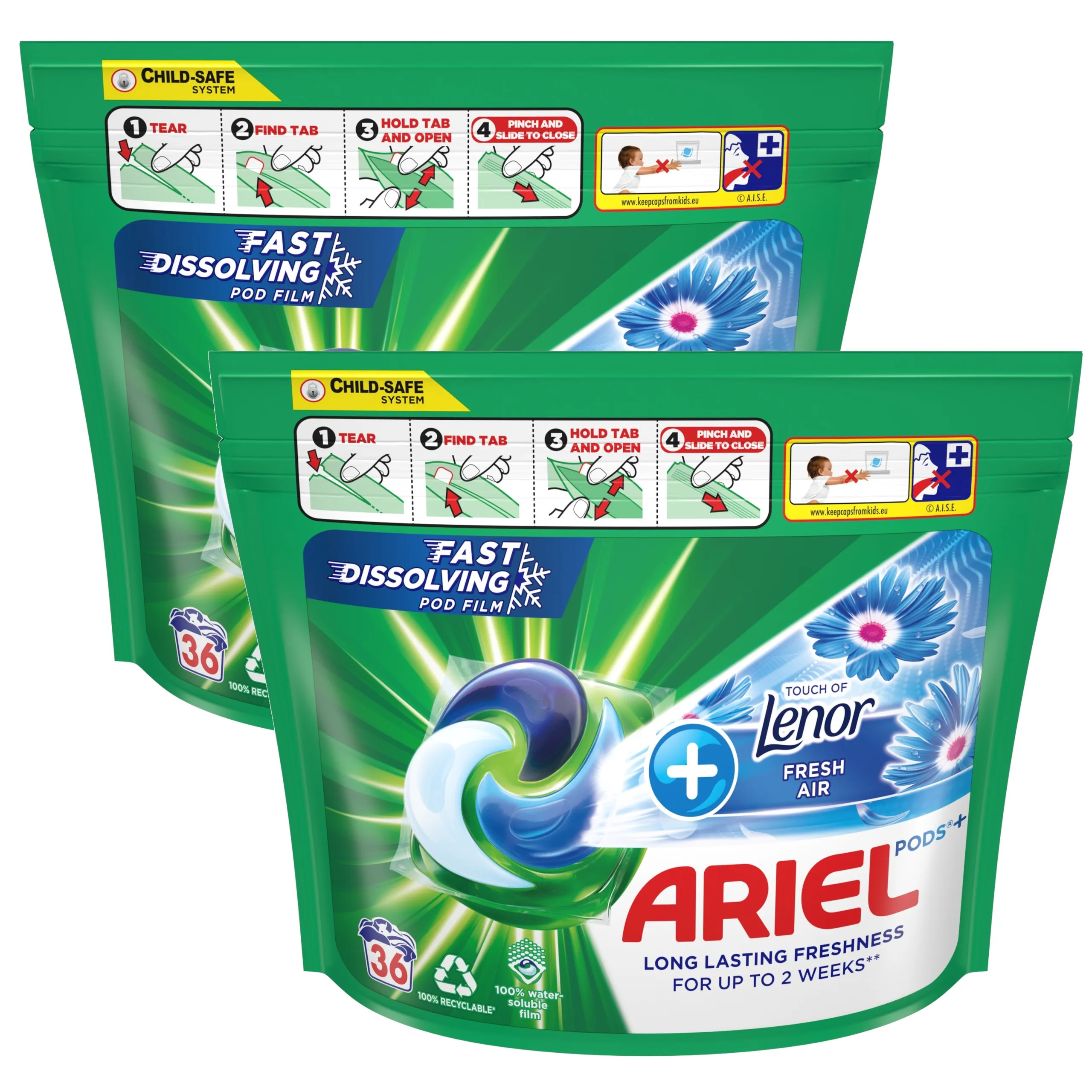 2x ARIEL الكل في 1 + كبسولات غسيل لينور اللمس الهوائي النقي 36 قطعة #1