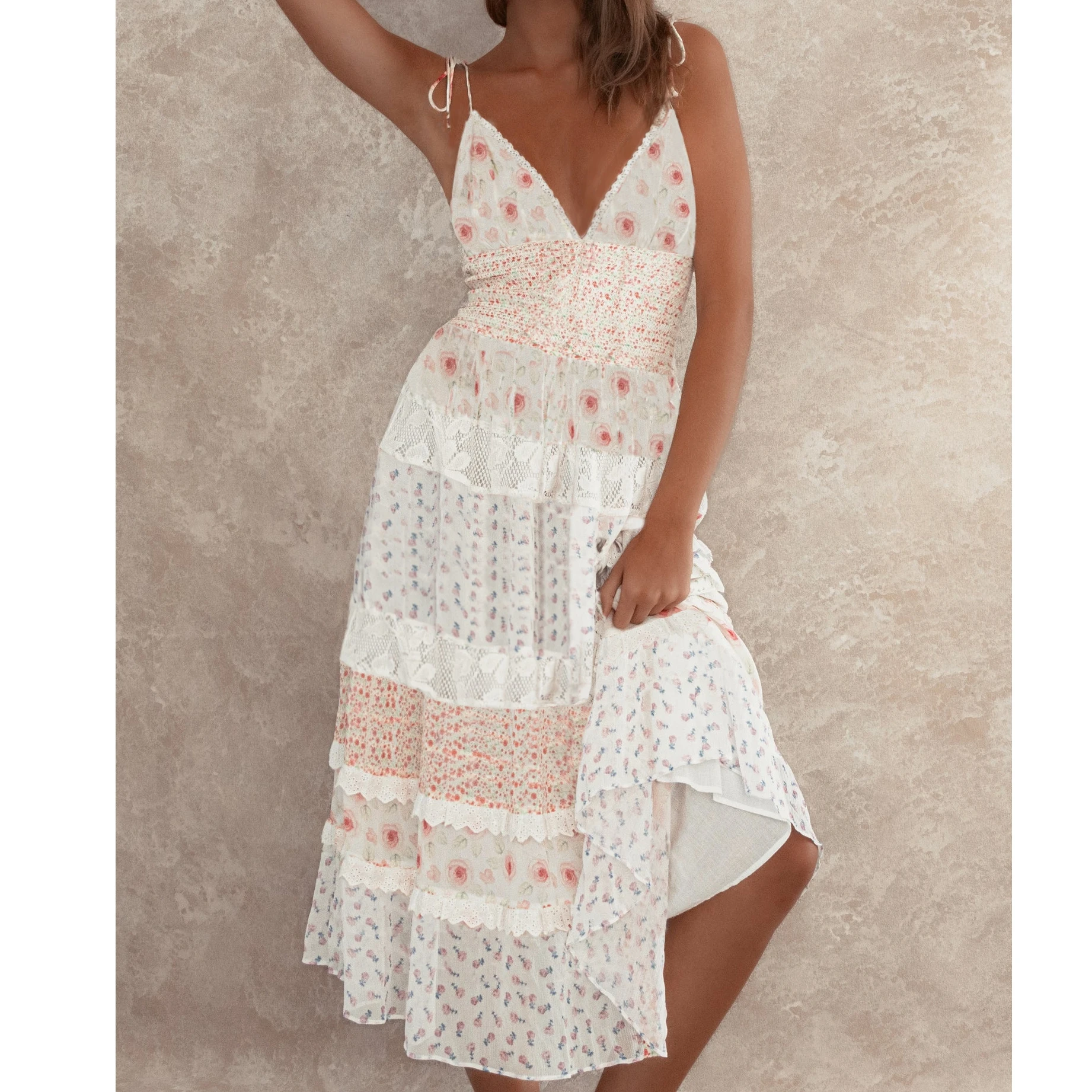 ผู้หญิงชุดยาวชายหาดดอกไม้พิมพ์ลูกไม้ Trim Tie-Up สปาเก็ตตี้สายรัด Cami ฤดูร้อนแฟชั่นชุดลําลองแขนกุด