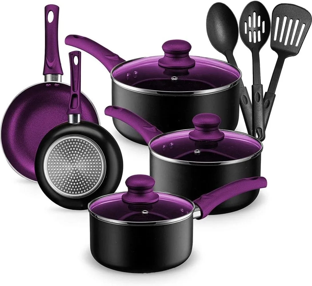 

Chef's Star Pots and Pans Set Kitchen Cookware Sets Nonstick Aluminum Cooking Essentials 11 Pieces Purple