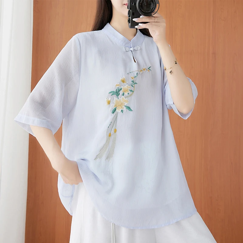 

Красный вышитый тан-костюм (ципао) с воротником-стойкой для женщин, летний, для чайной церемонии, для артистов