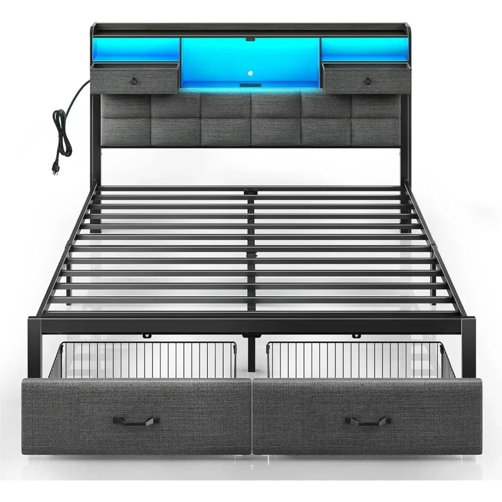 Bed Frame with Drawers and Charging Station, Upholstered Platform Bed with Storage Headboard and LED Light