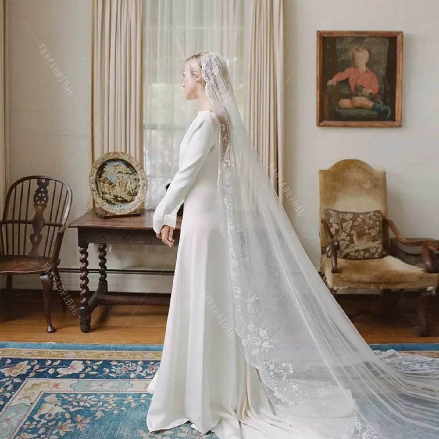 فستان زفاف أنيق من الساتان الناعم بأكمام طويلة بدون ظهر فستان زفاف على شكل حرف A سويب تراين بسيط فستان زفاف لالتقاط الصور TSWD871 #2