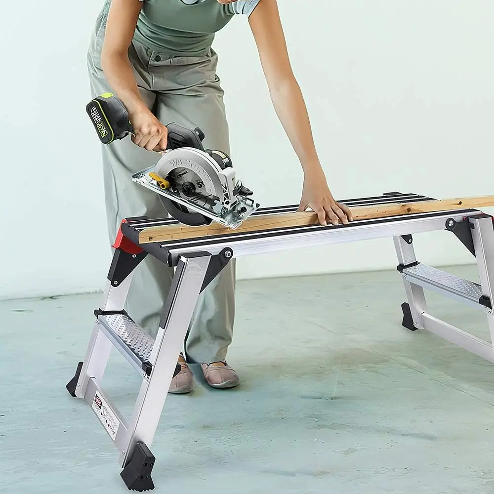 منصة عمل من الألومنيوم مقعد كبير الحجم قابل للطي مقعد عمل محمول مع حصيرة غير قابلة للانزلاق سعة 660 رطل شديدة التحمل #6