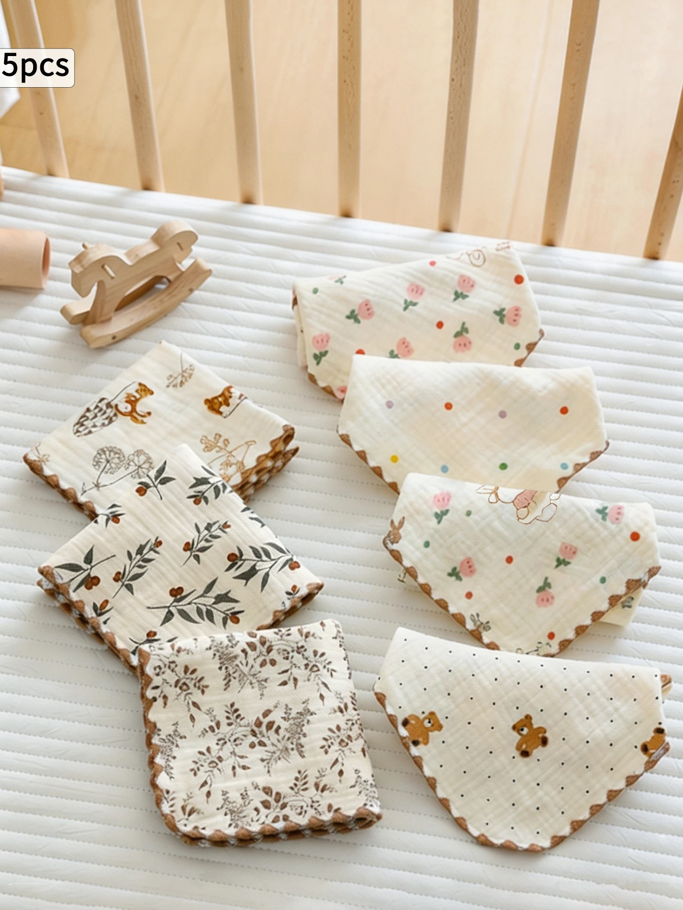 5pcs baby gauze square towels, pleated soft face towels with various cartoon prints, reinforced wavy edges to prevent deformation, absorbent and soft gauze multi-purpose baby bibs, washable and reusable small towels